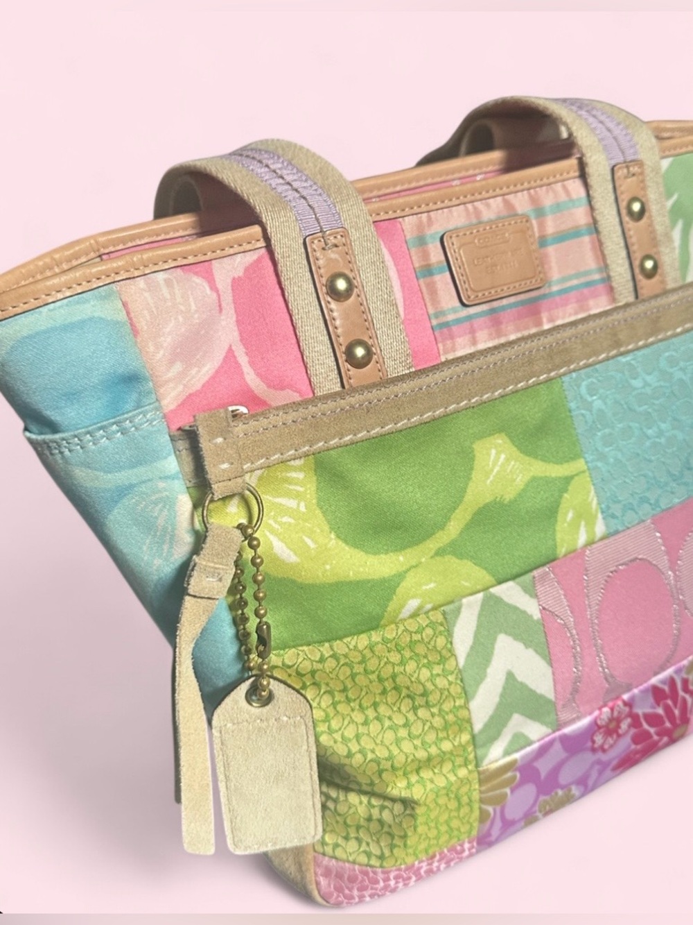 SOLD - rare vintage Y2K Coach Hamptons spring pastel patchwork tote bag - Picture 2 of 14